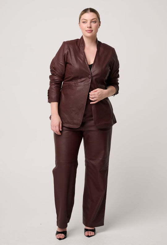 OnceWas Calypso Genuine Leather Panelled Blazer in Oxblood