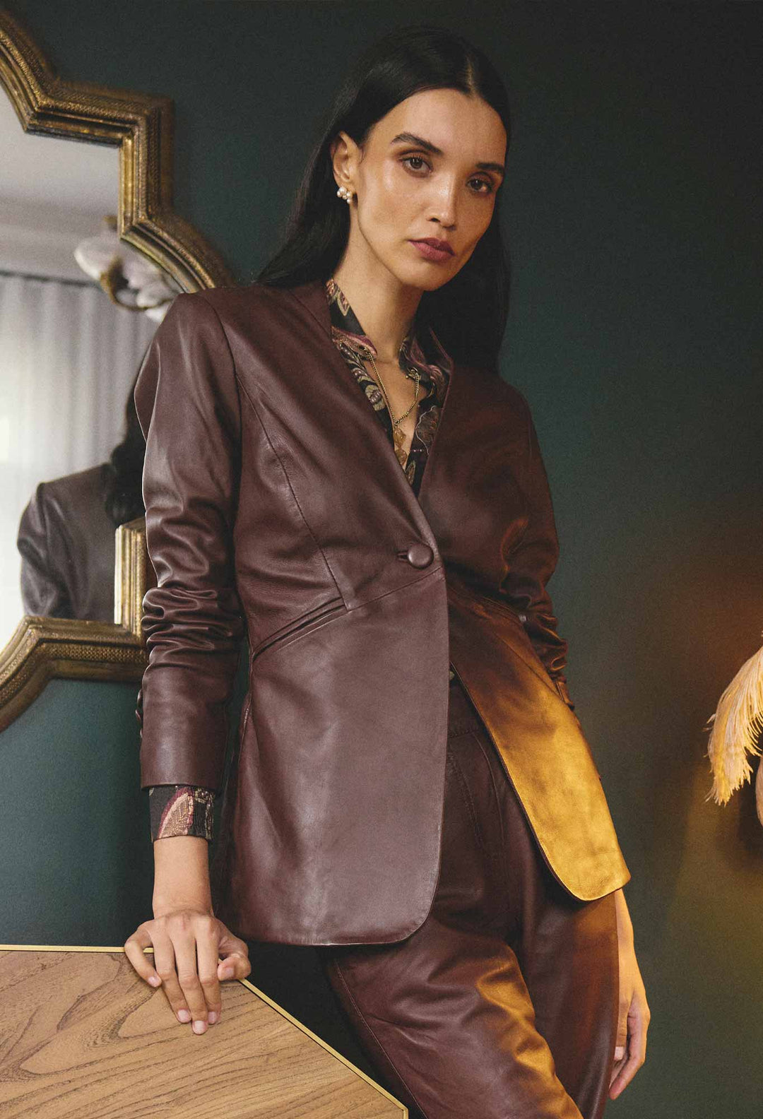 OnceWas Calypso Genuine Leather Panelled Blazer in Oxblood