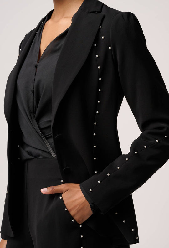UNDER 5'4 Marcela Pearl Embellished Viscose Stretch Blazer in Black