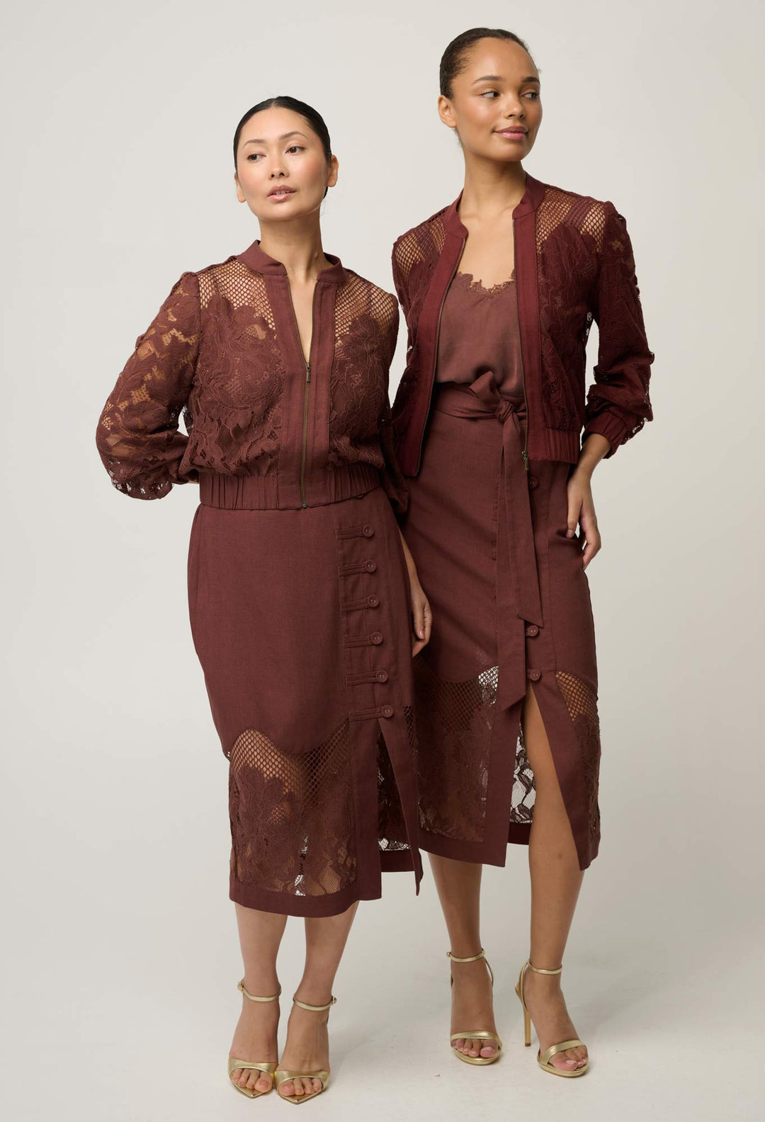OnceWas UNDER 5'4 Solene Cotton Blend Lace Bomber in Rosewood