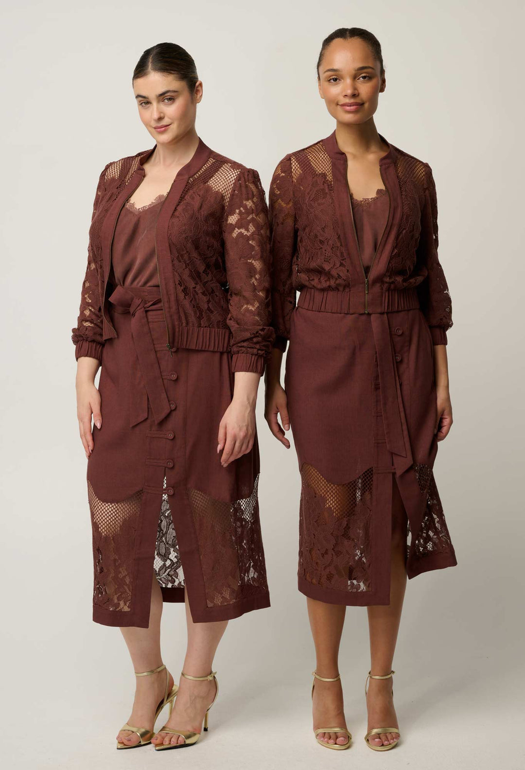 OnceWas Solene Cotton Blend Placement Lace Bomber in Rosewood