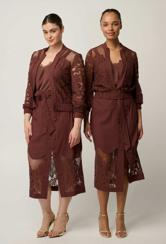 OnceWas Solene Cotton Blend Placement Lace Bomber in Rosewood
