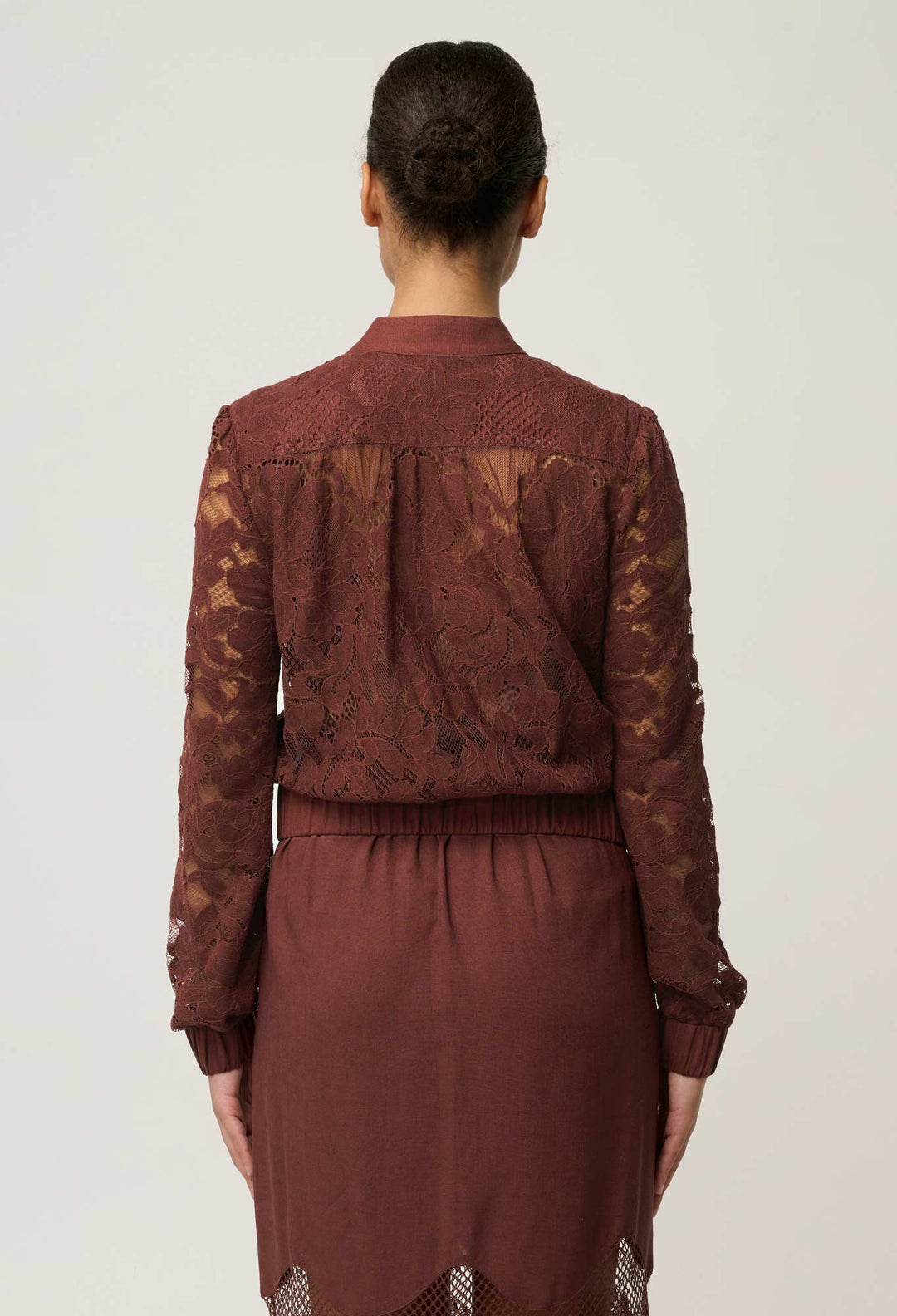 OnceWas Solene Cotton Blend Placement Lace Bomber in Rosewood