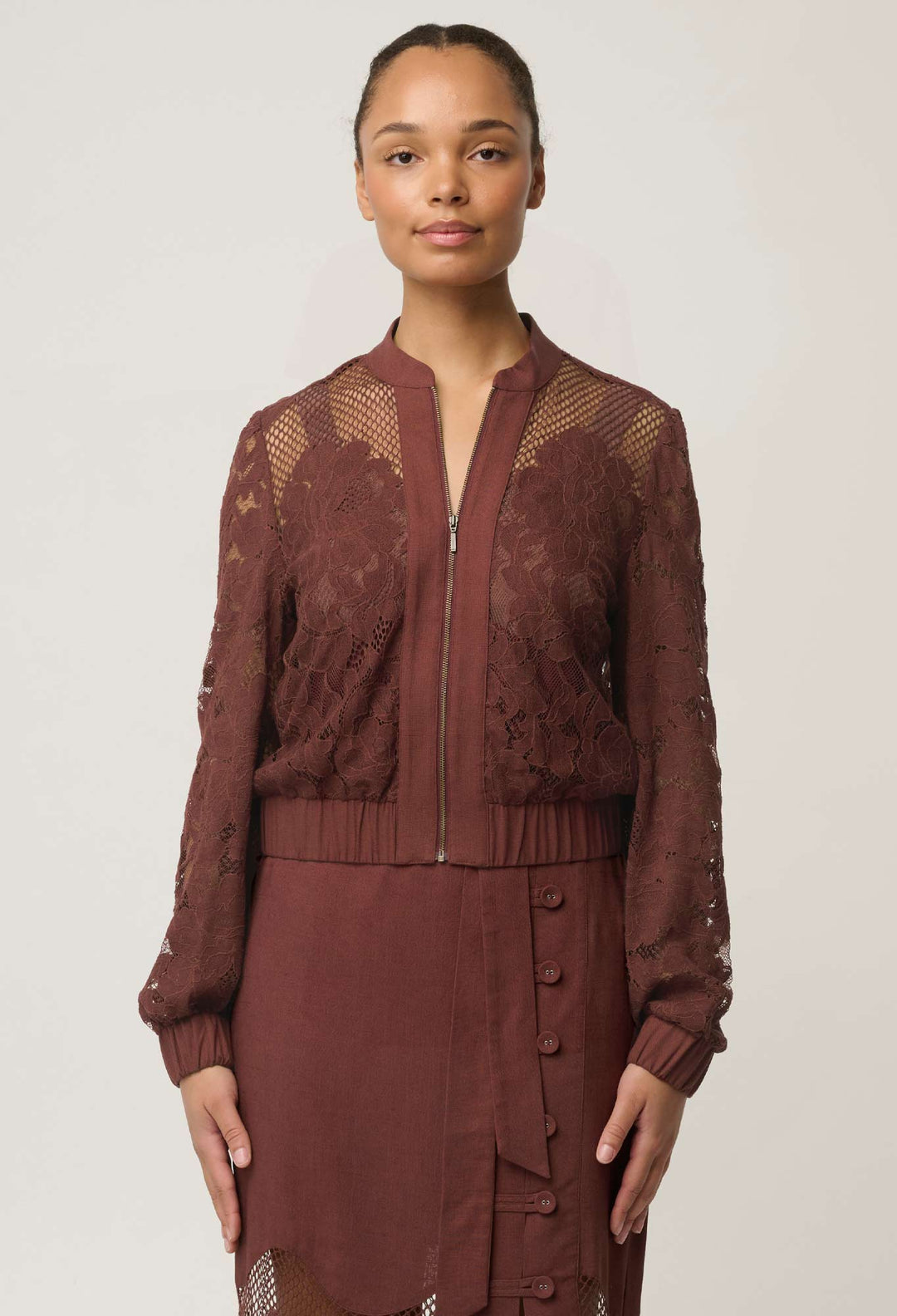 OnceWas Solene Cotton Blend Placement Lace Bomber in Rosewood
