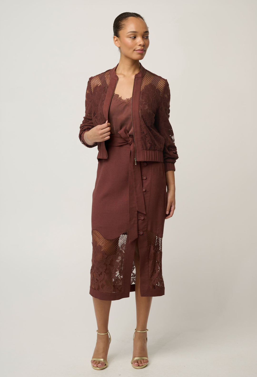 OnceWas Solene Cotton Blend Placement Lace Bomber in Rosewood