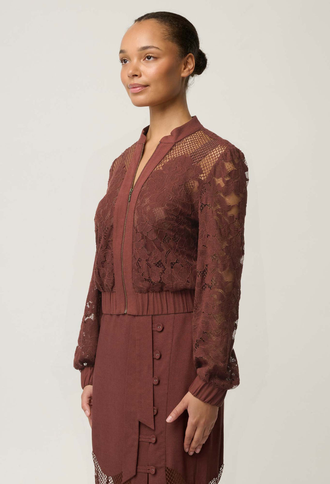 OnceWas Solene Cotton Blend Placement Lace Bomber in Rosewood