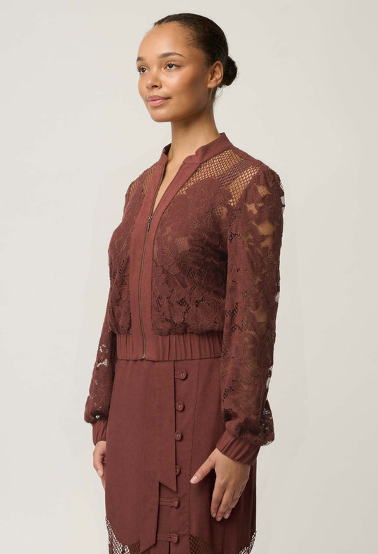 OnceWas Solene Cotton Blend Placement Lace Bomber in Rosewood