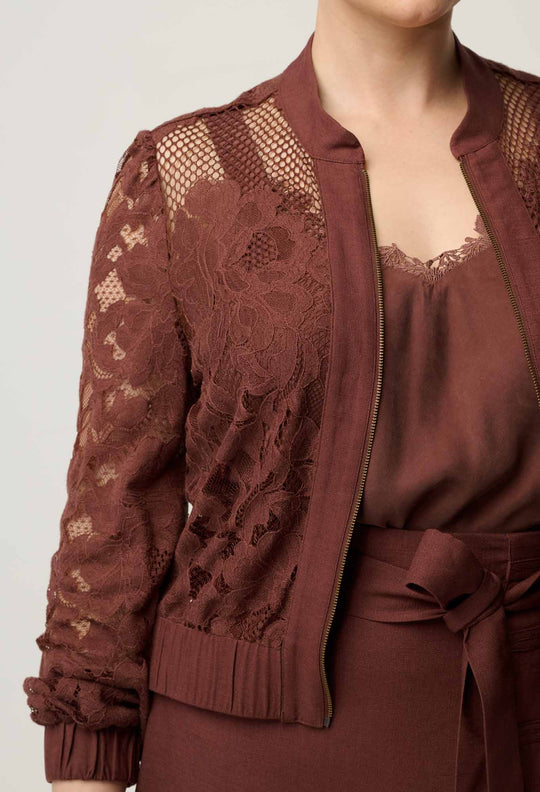 OnceWas Solene Cotton Blend Placement Lace Bomber in Rosewood