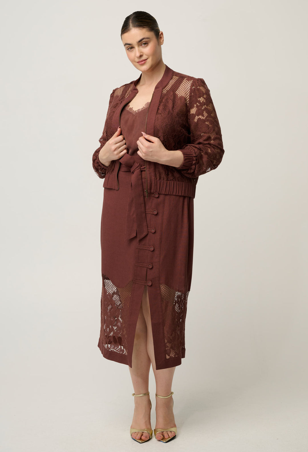 OnceWas Solene Cotton Blend Placement Lace Bomber in Rosewood