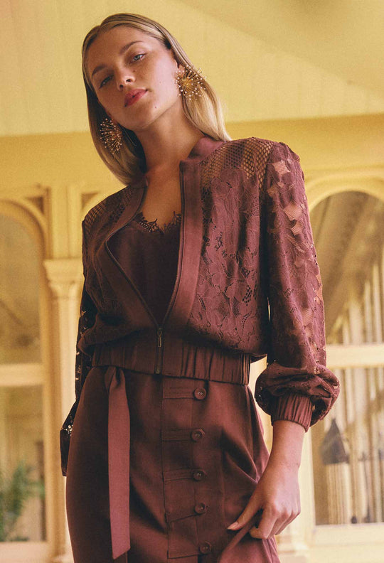 OnceWas Solene Cotton Blend Placement Lace Bomber in Rosewood