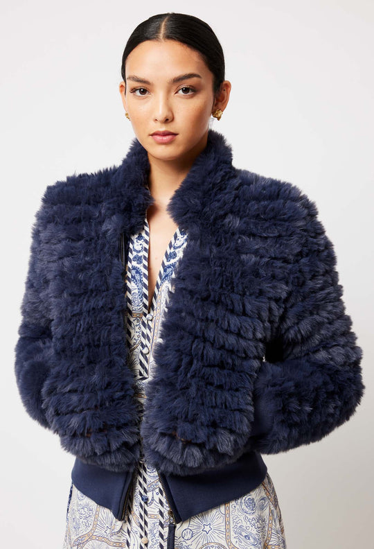 OnceWas Novella Faux Fur Jacket in Navy