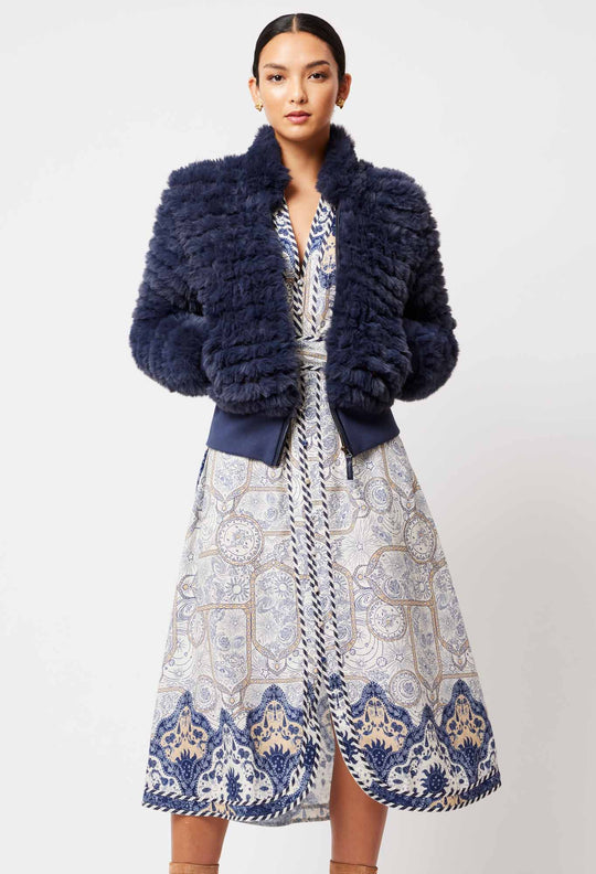 OnceWas Novella Faux Fur Jacket in Navy