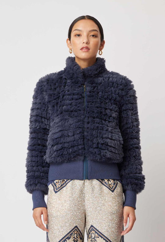 OnceWas Novella Faux Fur Jacket in Navy