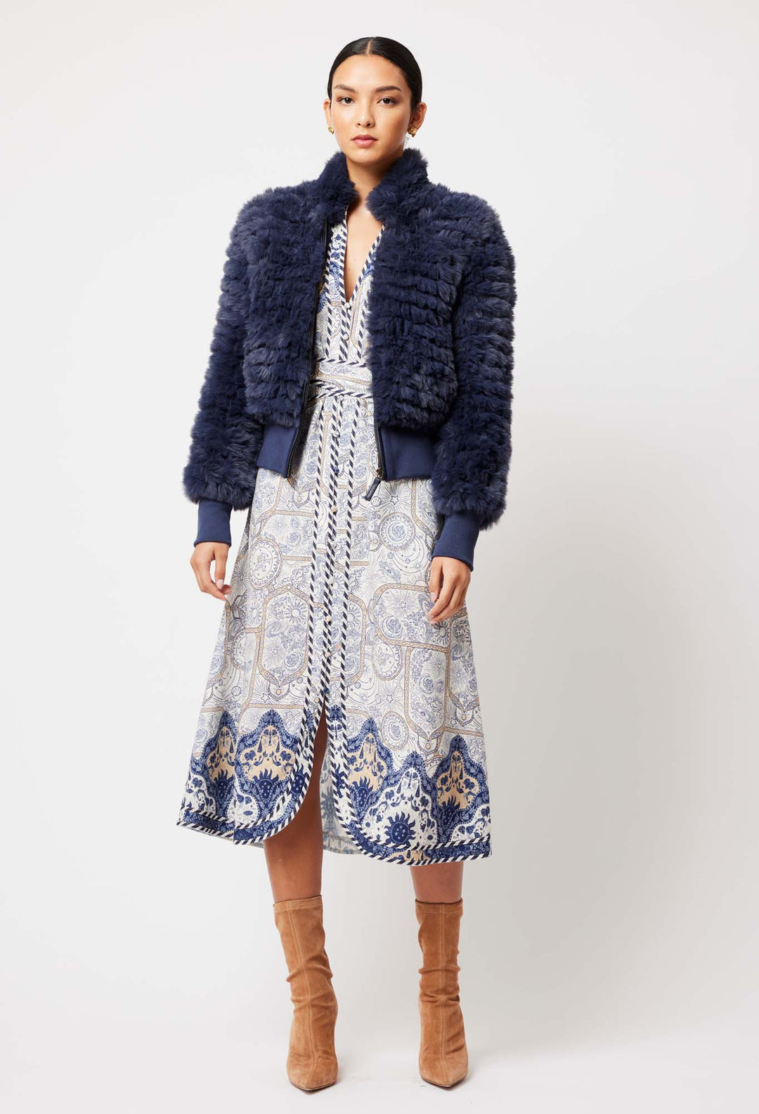 OnceWas Novella Faux Fur Jacket in Navy