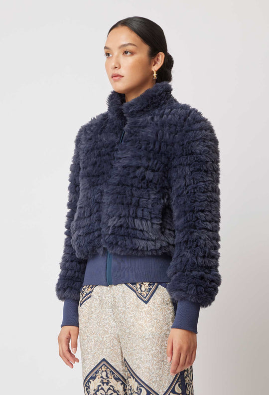 OnceWas Novella Faux Fur Jacket in Navy