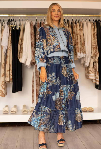 Jolie Cotton Silk Maxi Skirt in Aztec Floral