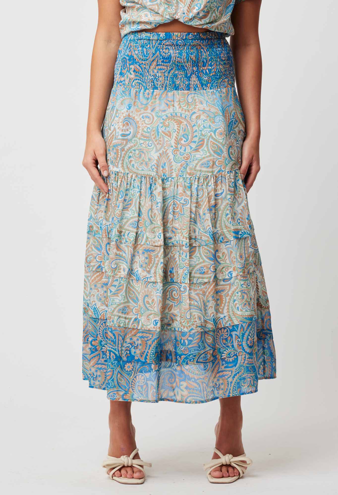 OnceWas Antigua Cotton Silk Skirt in Capri Paisley Print