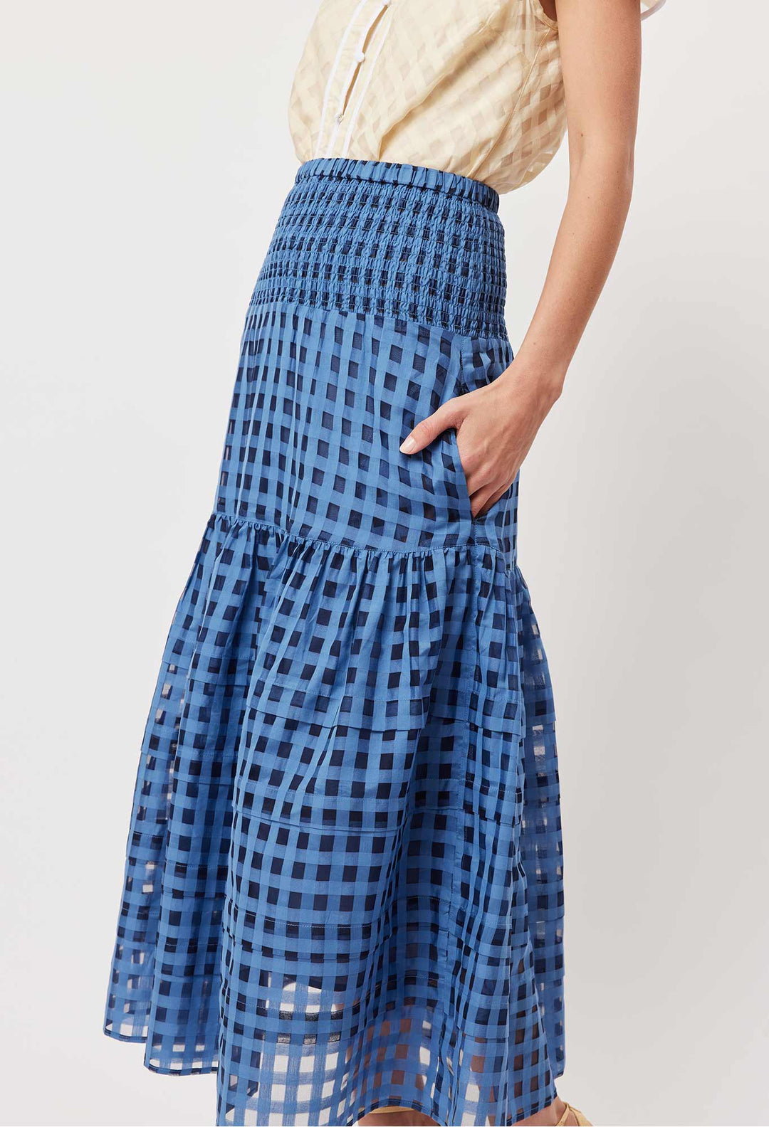 OnceWas Antigua Cotton Silk Self-Check Maxi Skirt in Laguna