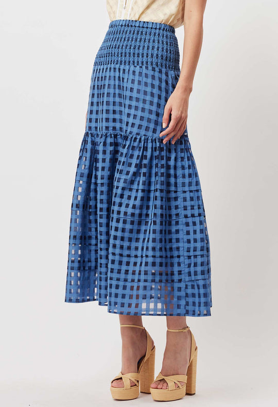 OnceWas Antigua Cotton Silk Self-Check Maxi Skirt in Laguna