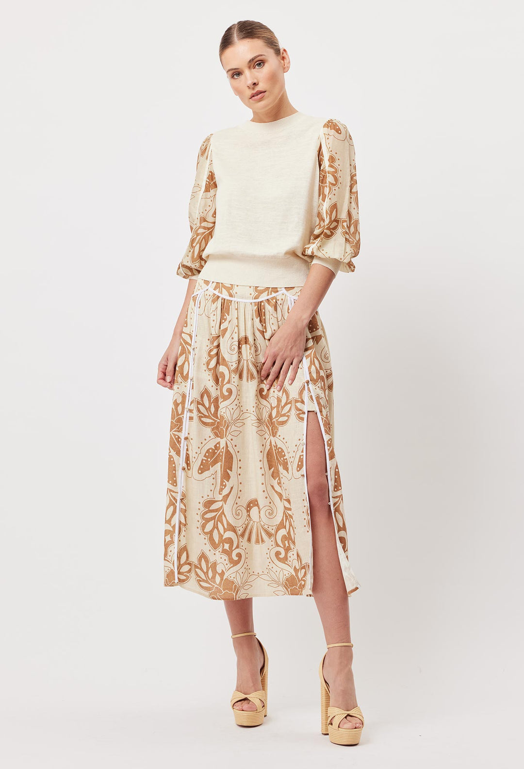 OnceWas Harmony Linen Viscose Skirt in Arena Del Sol