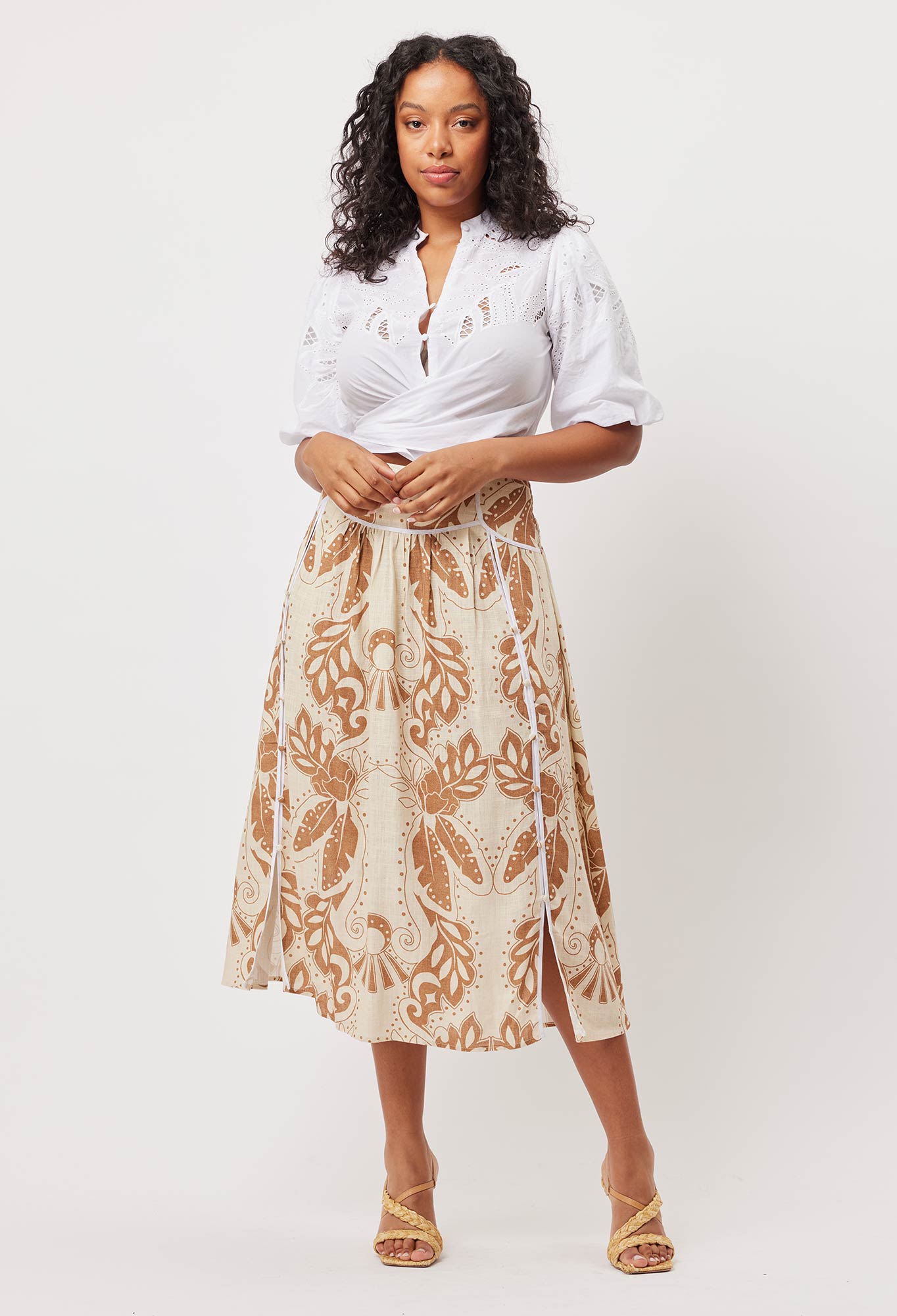 OnceWas Harmony Linen Viscose Skirt in Arena Del Sol