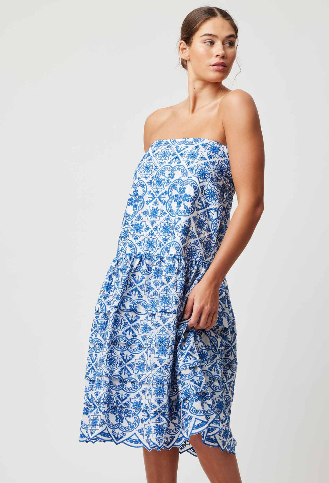 OnceWas Positano Embroidered Viscose Skirt in Azure Embroidery