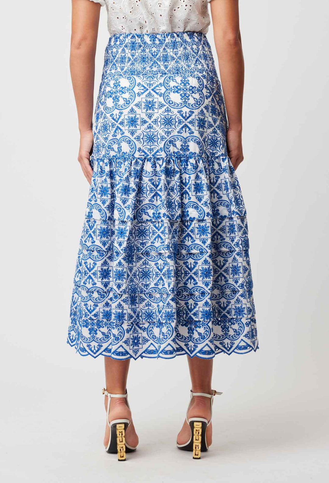 OnceWas Positano Embroidered Viscose Skirt in Azure Embroidery