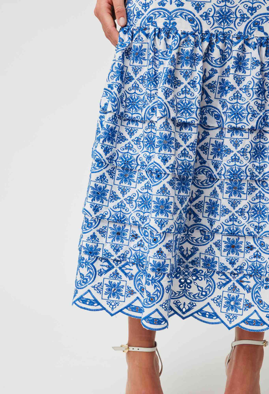 OnceWas Positano Embroidered Viscose Skirt in Azure Embroidery