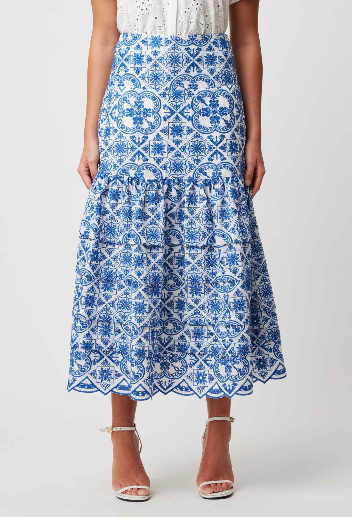 OnceWas Positano Embroidered Viscose Skirt in Azure Embroidery