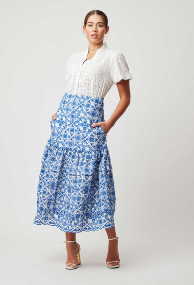 OnceWas Positano Embroidered Viscose Skirt in Azure Embroidery