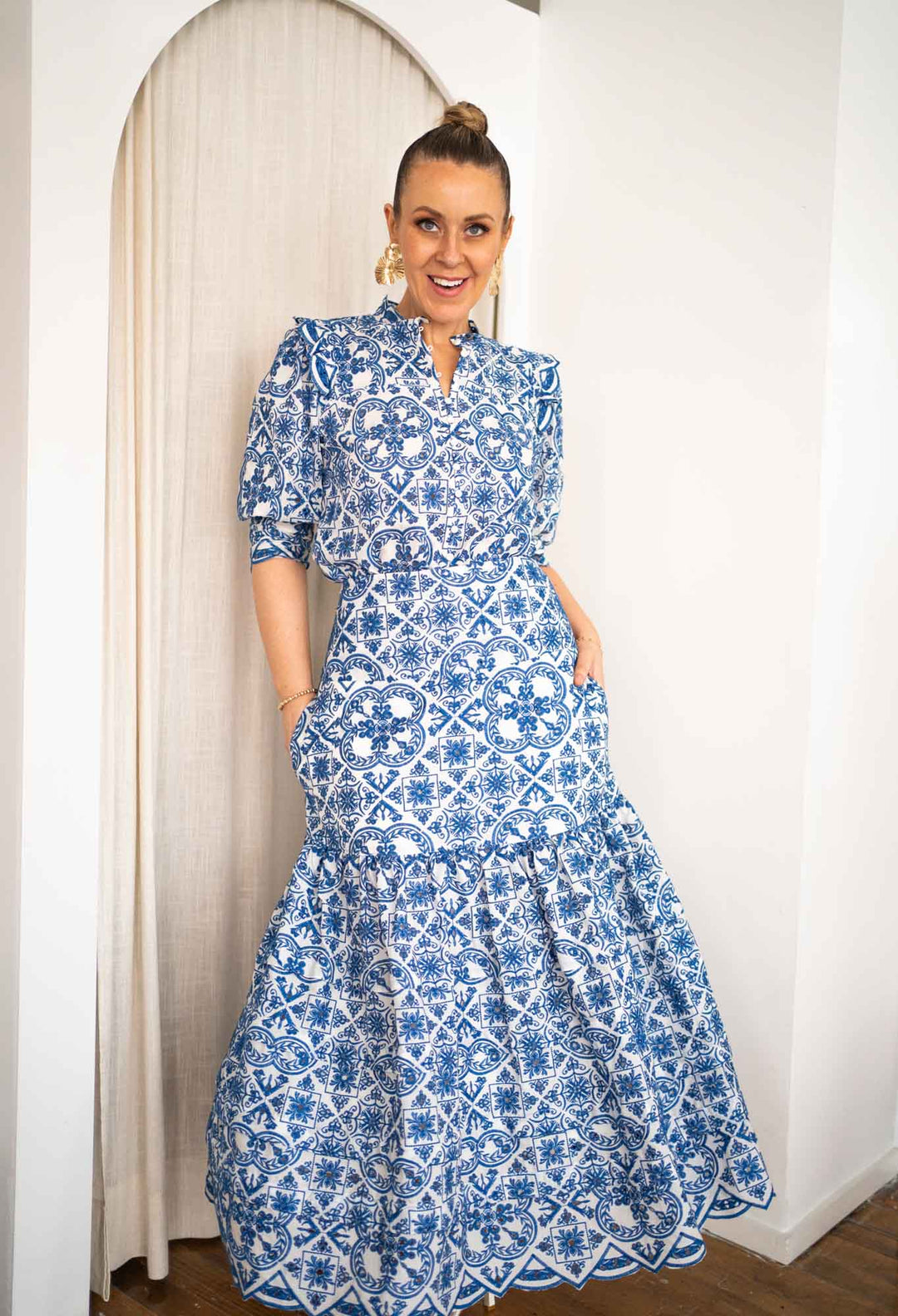 OnceWas Positano Embroidered Viscose Skirt in Azure Embroidery