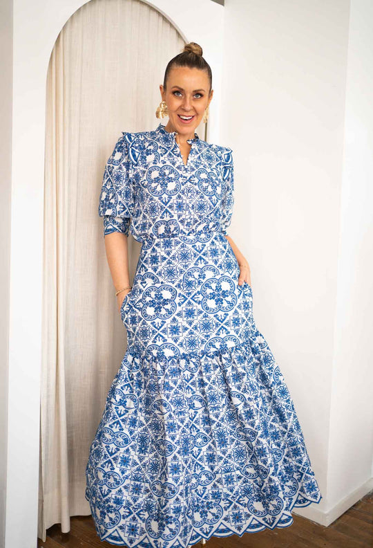 OnceWas Positano Embroidered Viscose Skirt in Azure Embroidery