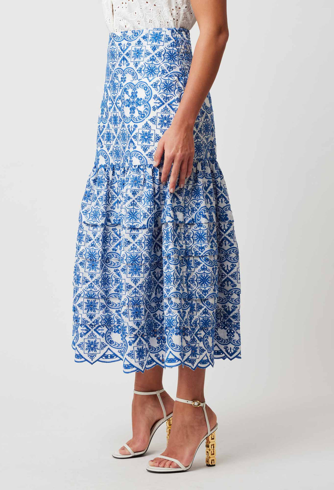 OnceWas Positano Embroidered Viscose Skirt in Azure Embroidery