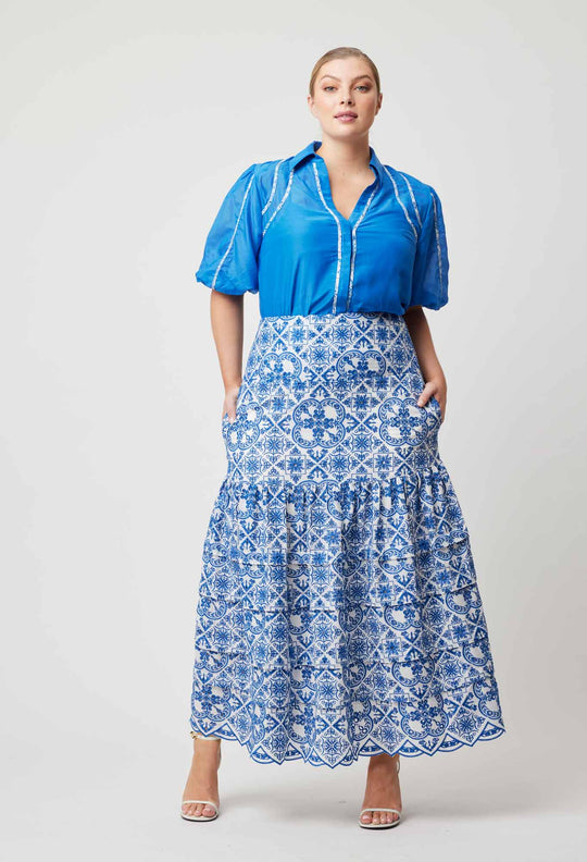 OnceWas Positano Embroidered Viscose Skirt in Azure Embroidery