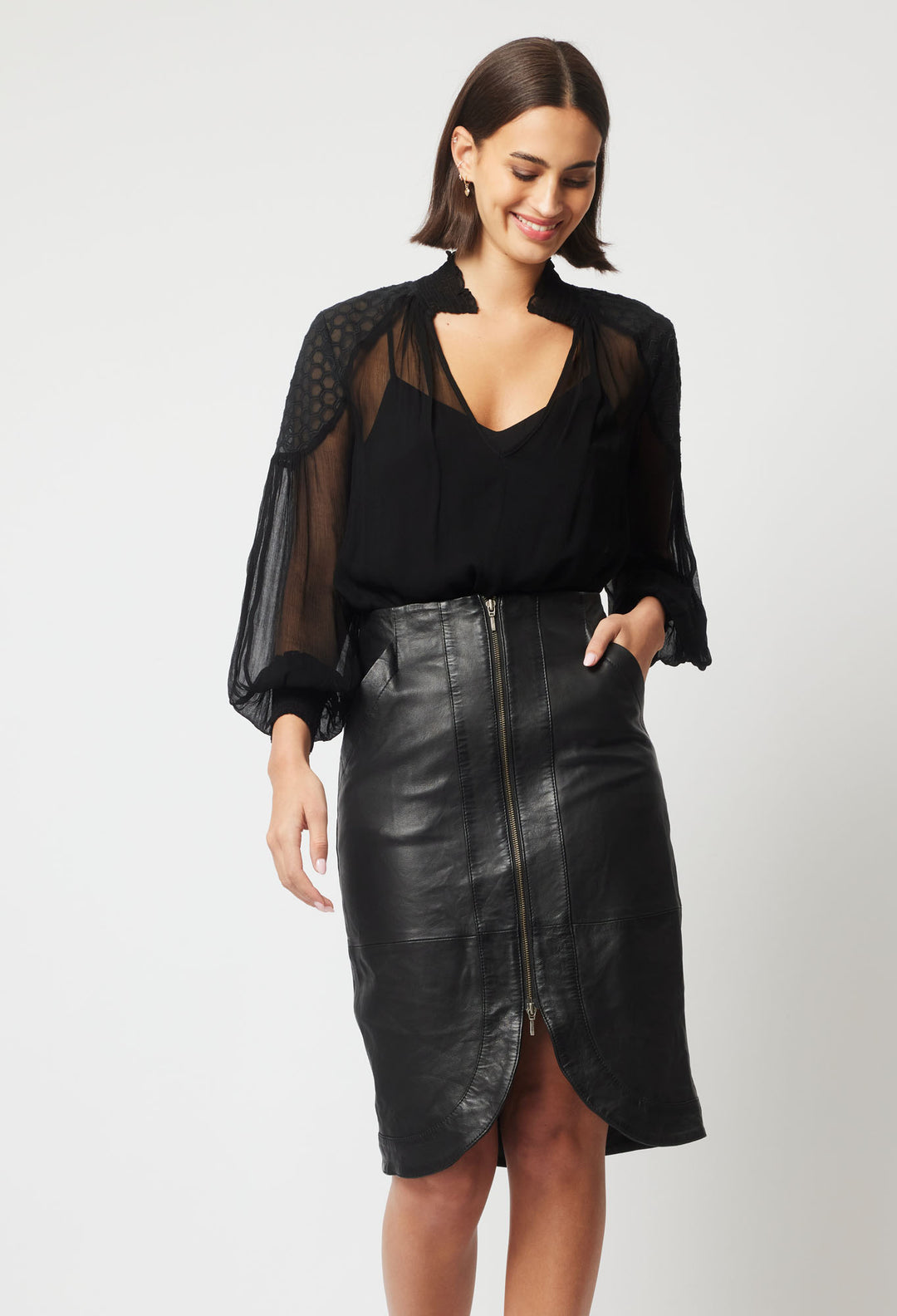 OnceWas Stella Leather Skirt in Black