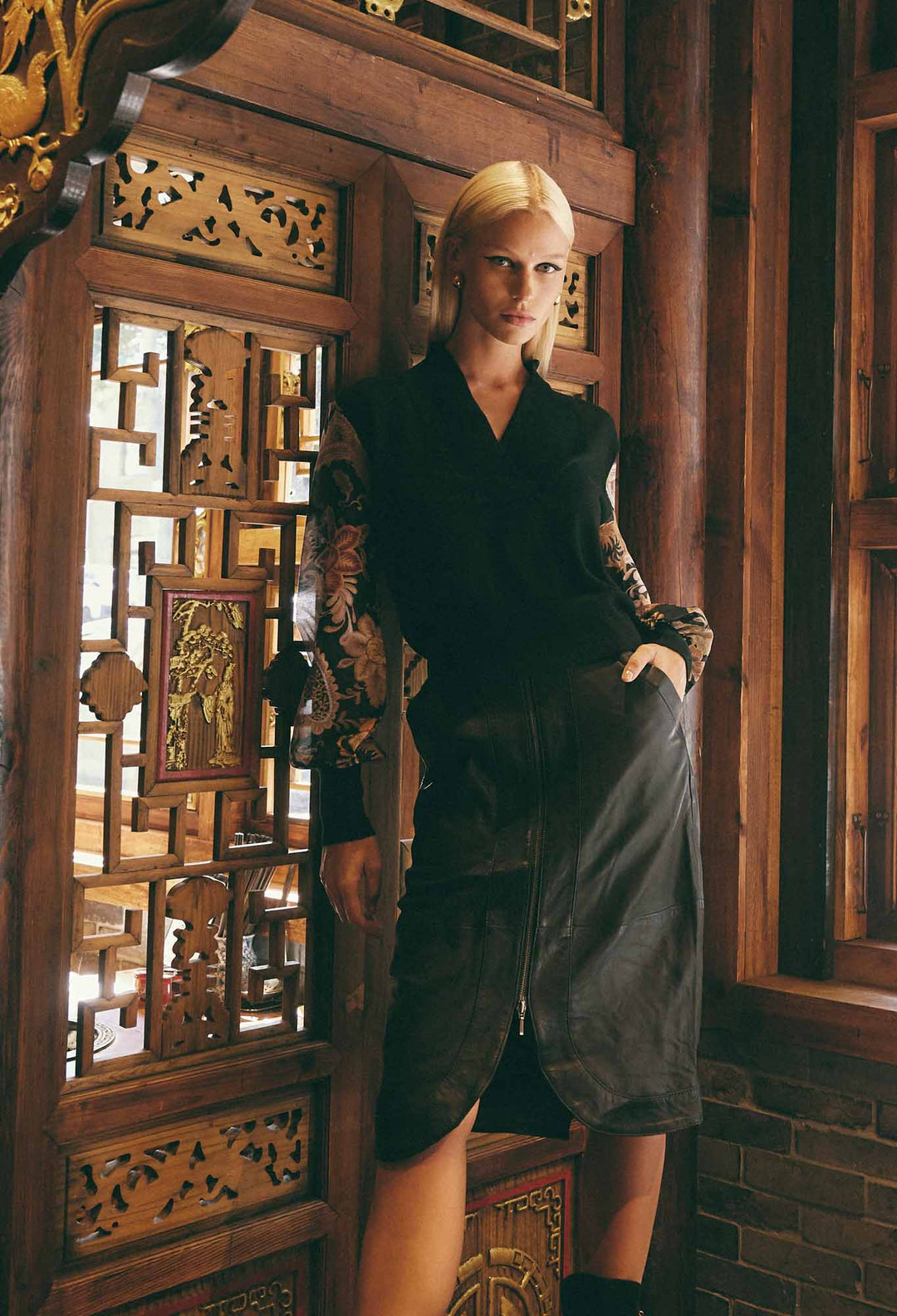 OnceWas Stella Leather Skirt in Black