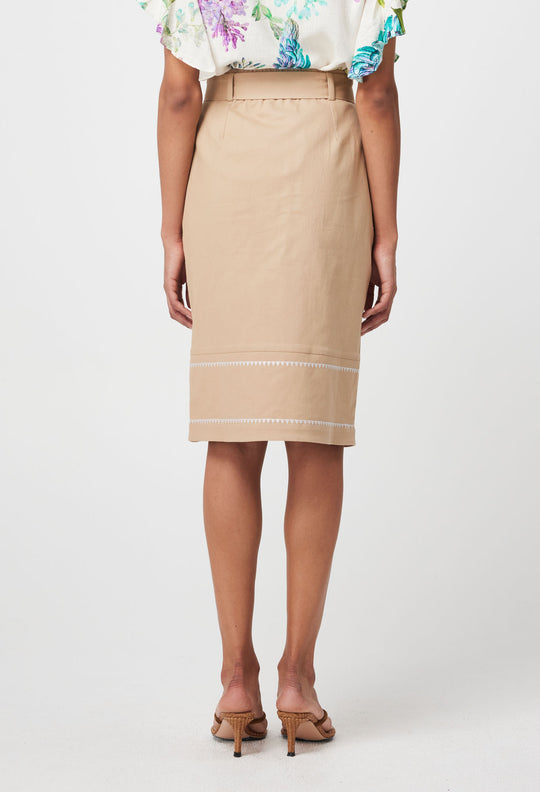 Delray Embroidered Stretch Cotton Skirt in Sand