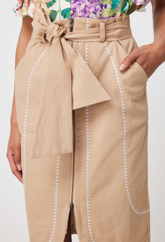 Delray Embroidered Stretch Cotton Skirt in Sand