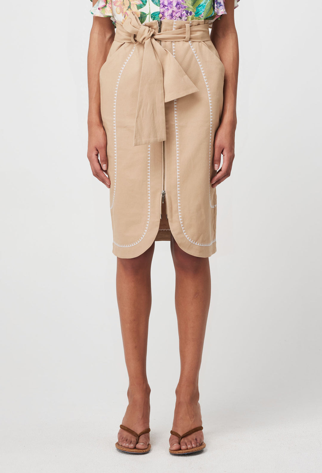 Delray Embroidered Stretch Cotton Skirt in Sand