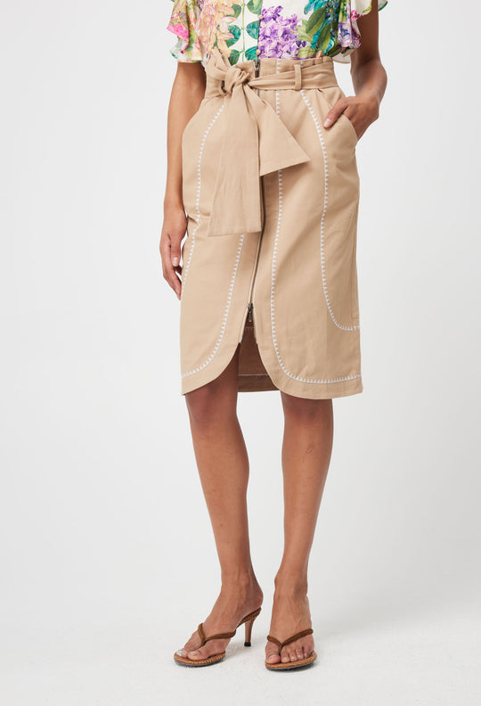 Delray Embroidered Stretch Cotton Skirt in Sand