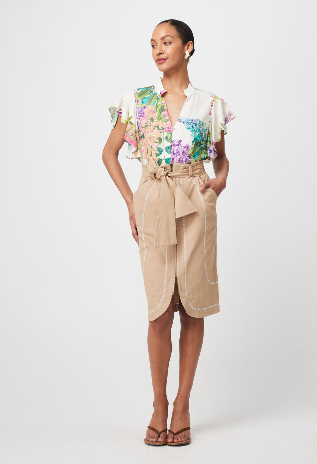 Delray Embroidered Stretch Cotton Skirt in Sand