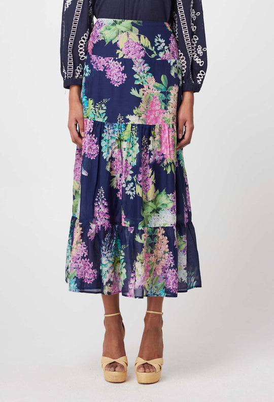 OnceWas Bahia Cotton Silk Skirt in Navy Wisteria