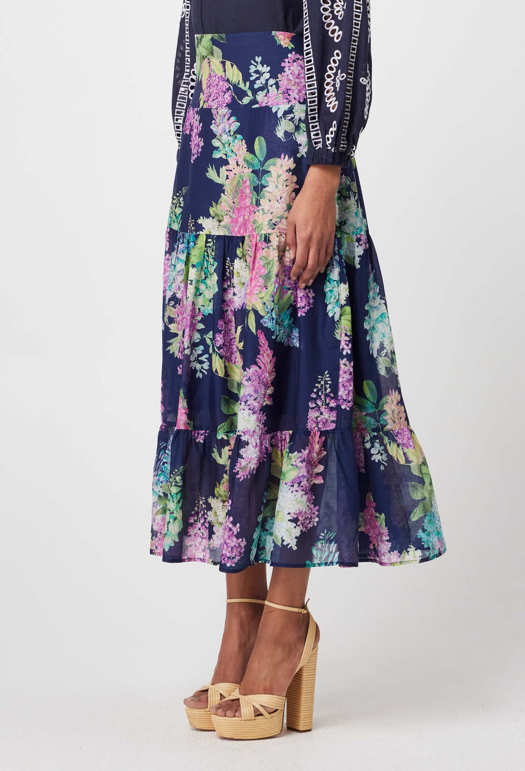 Bahia Cotton Silk Skirt in Navy Wisteria