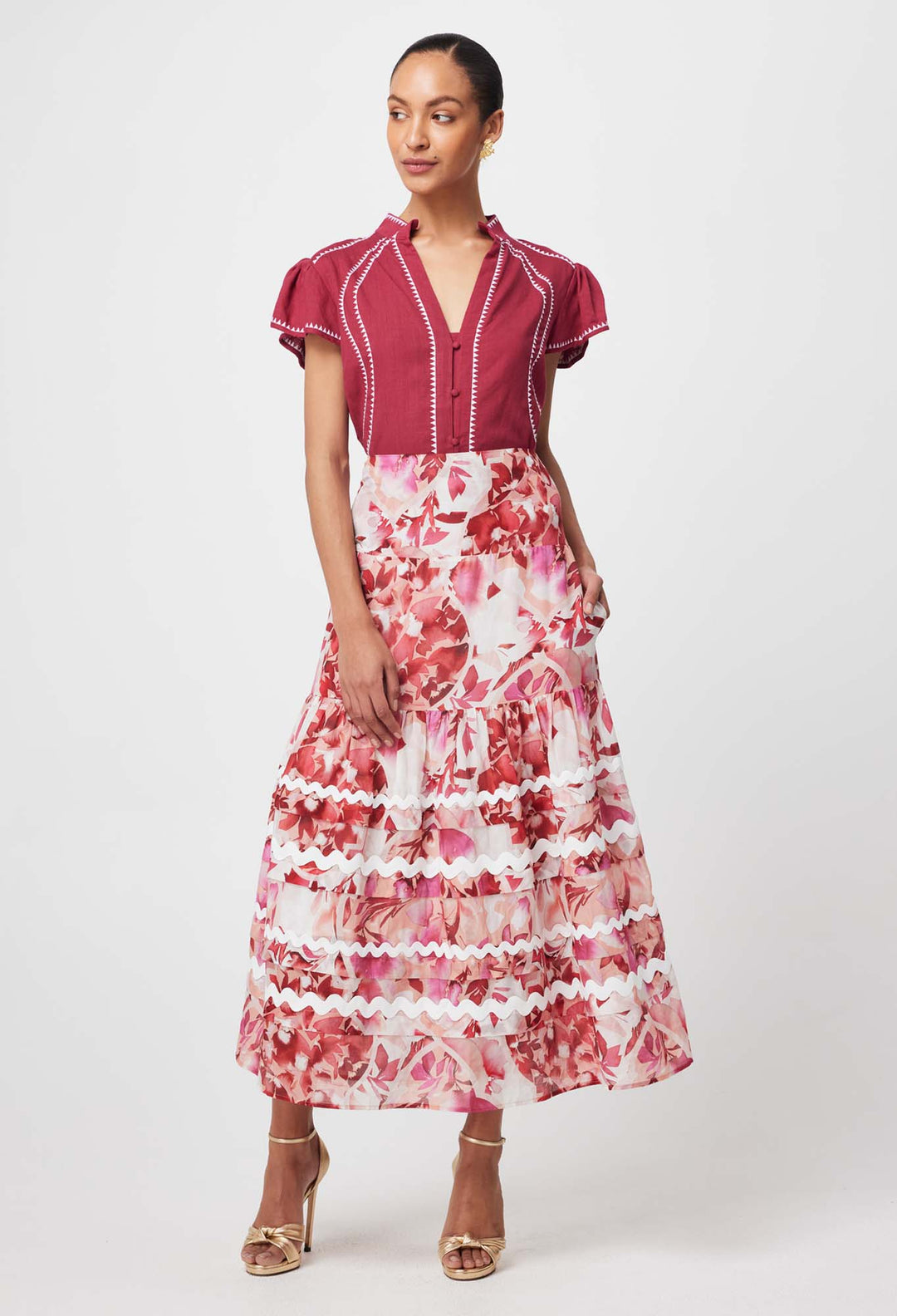 OnceWas Sanibel Cotton Silk skirt in Flamingo Flower