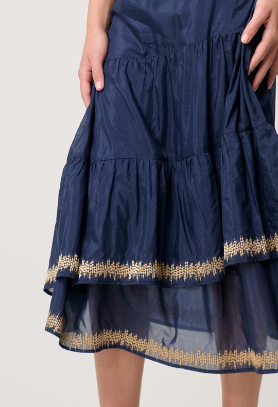 Mustique Cotton Silk Embroidered Skirt in Ink