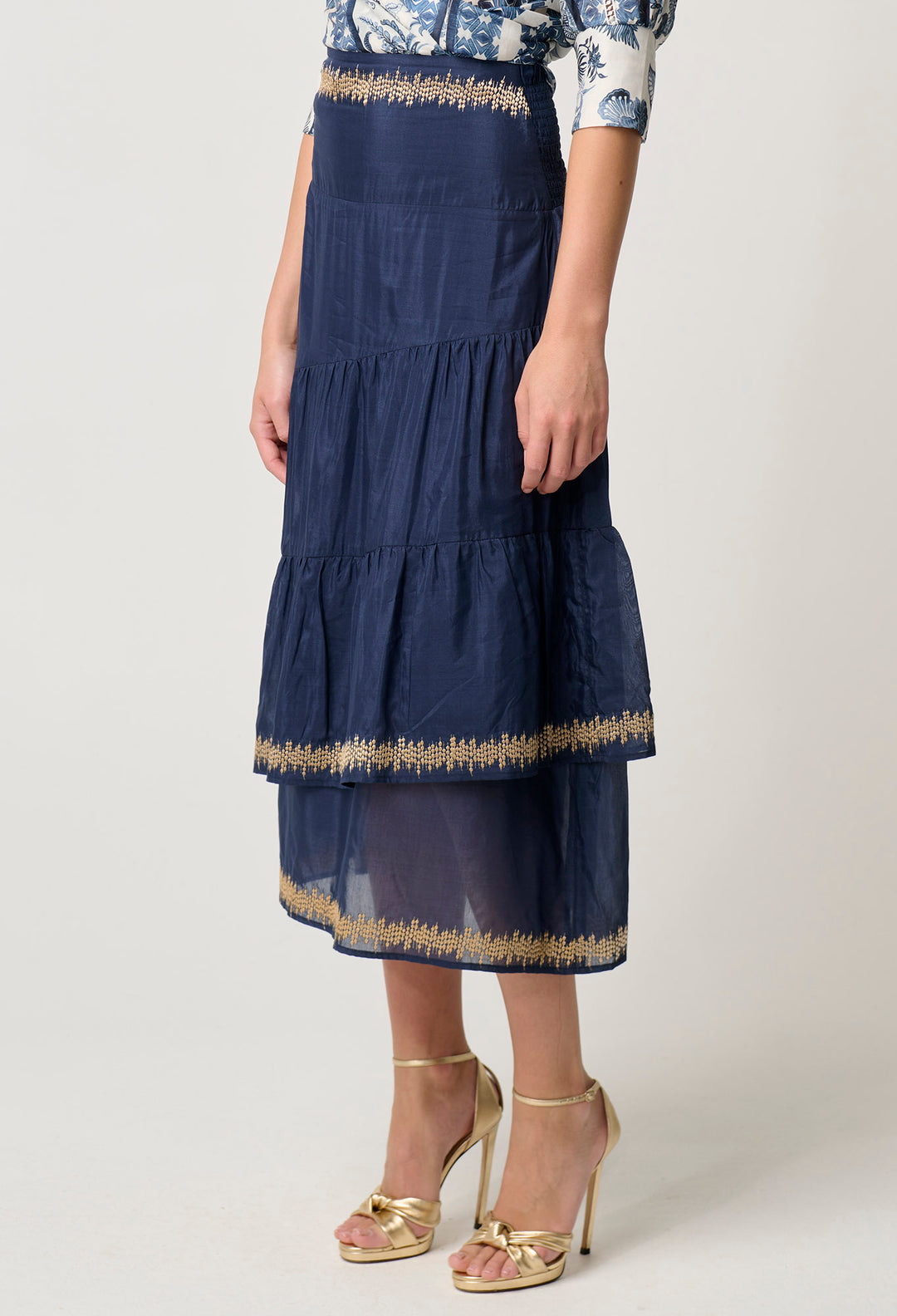 Mustique Cotton Silk Embroidered Skirt in Ink