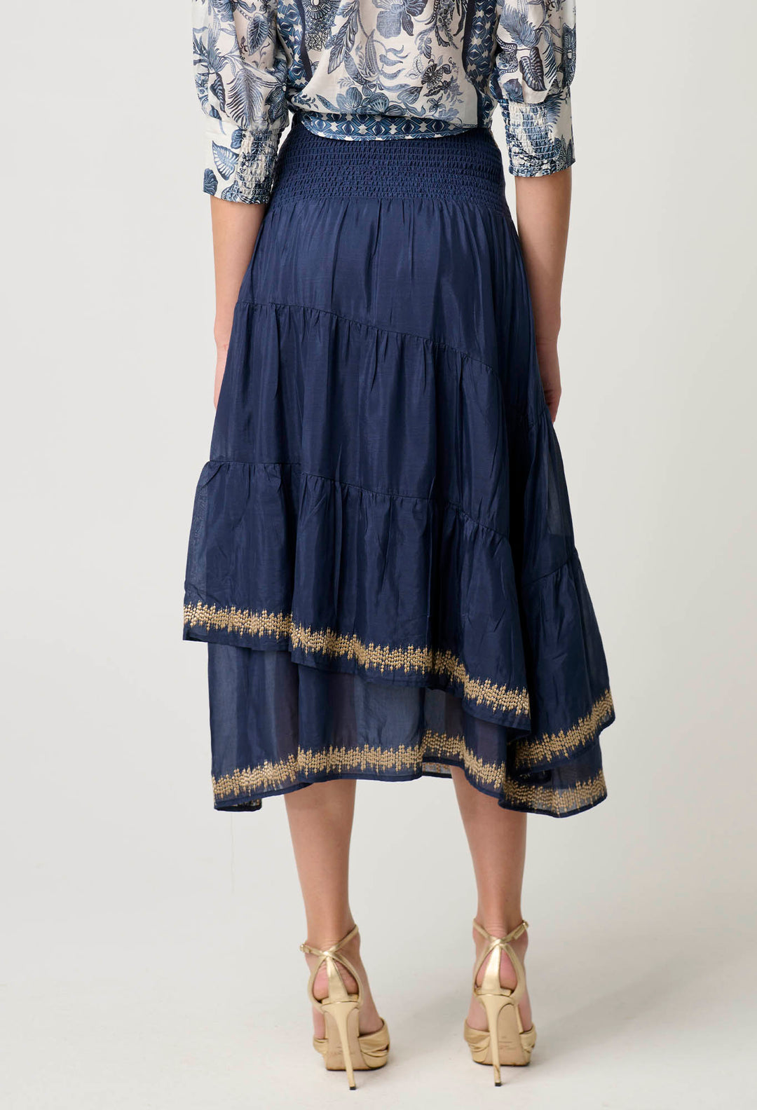 Mustique Cotton Silk Embroidered Skirt in Ink