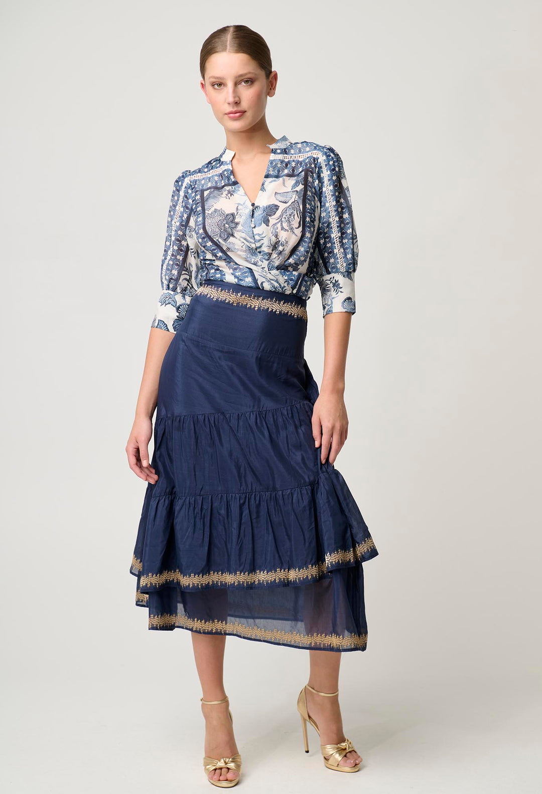 Mustique Cotton Silk Embroidered Skirt in Ink