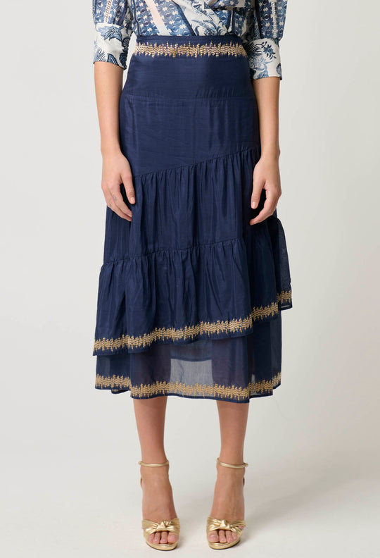 Mustique Cotton Silk Embroidered Skirt in Ink