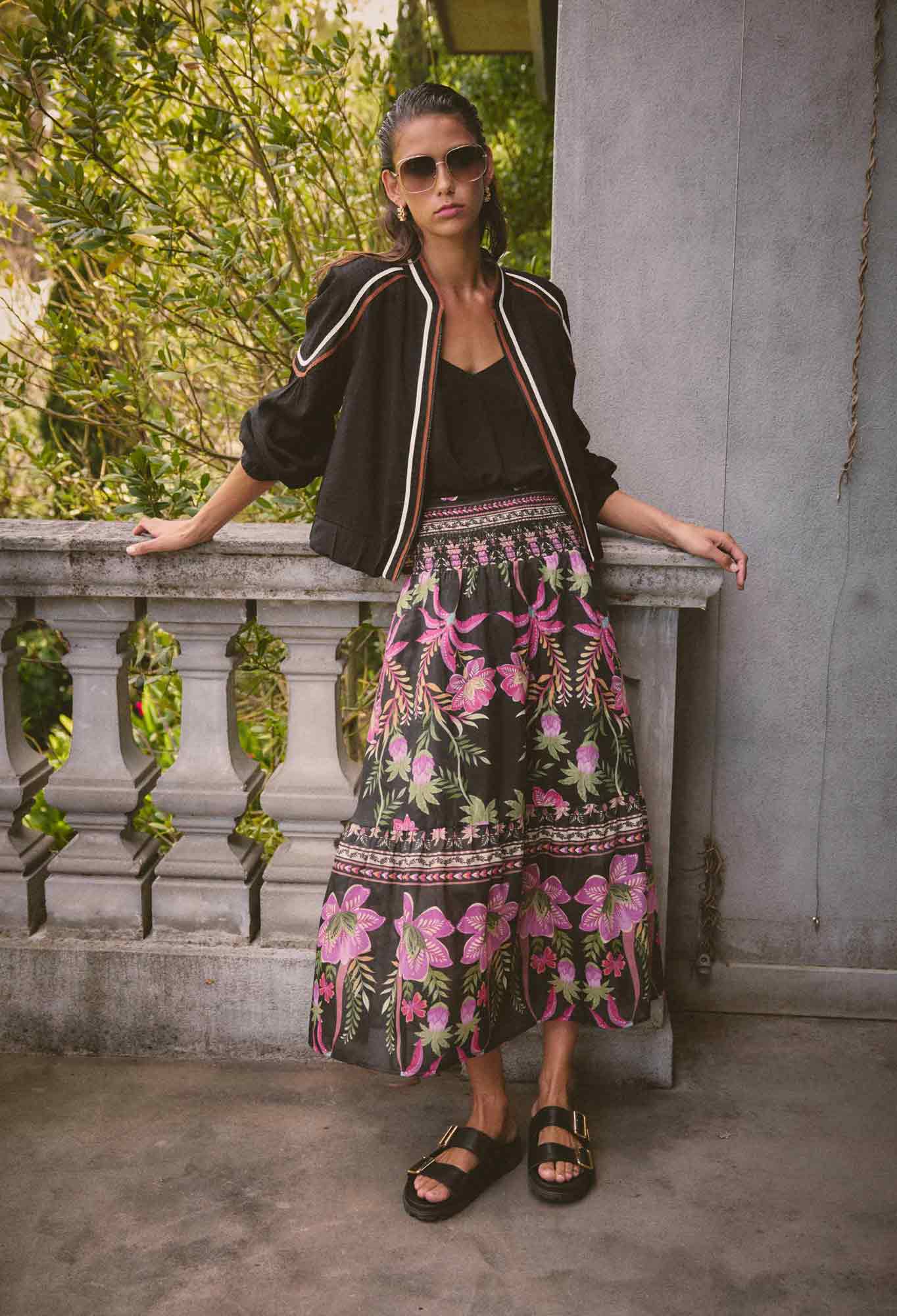 OnceWas Cordelia  Shirred Silk Cotton Skirt in Anthos Lótos